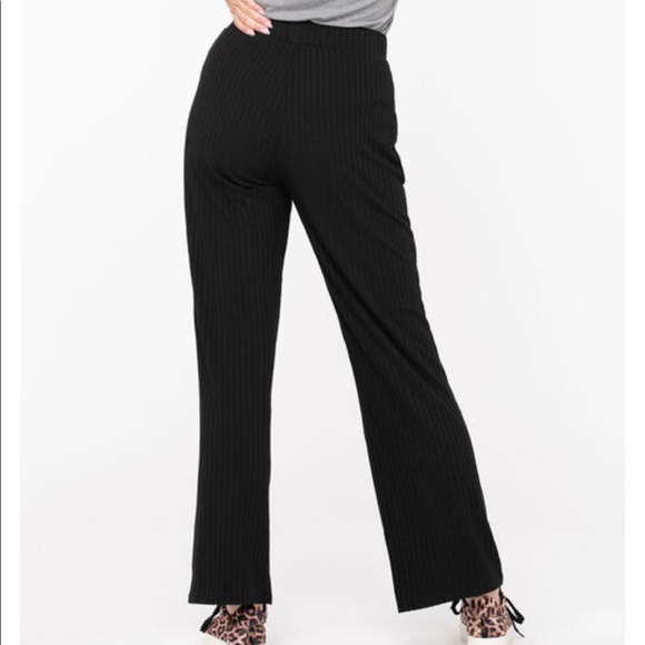 BLACK RIBBED HIGH RISE WIDE LEG PANT - Picture 3 of 7